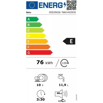 Kalusteisiin asennettava astianpesukone BEKO DIS35026 — ohut 45 cm, 10 astiastoa, 48 dB, 5 ohjelmaa, energialuokka E