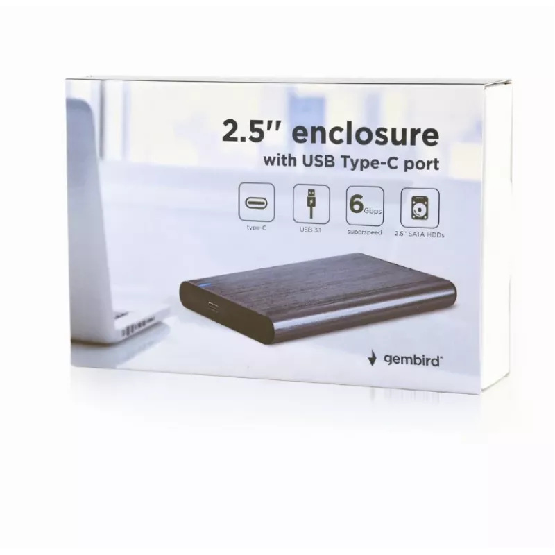 GEMBIRD USB 3.1 2,5 tuuman SATA HDD-kotelo Type-C-liitännällä, harjattu alumiini - harmaa
