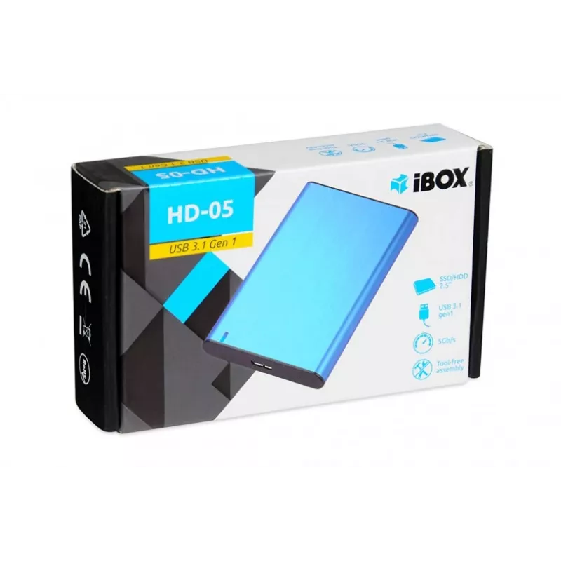 HDD/SSD-kotelo IBOX HD-05 — 2,5 tuumaa SATA III, USB 3.2 Gen 1 (Micro-USB B), jopa 10 TB, sininen