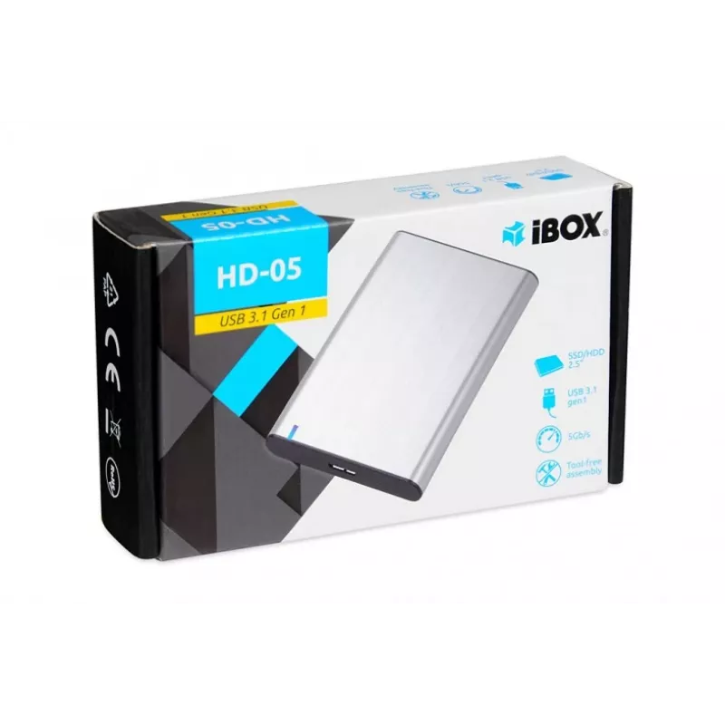 HDD/SSD-kotelo IBOX HD-05 — 2,5 tuumaa SATA III, USB 3.2 Gen 1 (5 Gbit/s), Micro-USB B, jopa 10 TB, harmaa