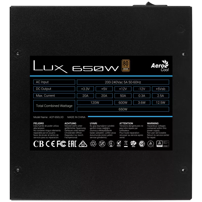 Aerocool LUX650 tietokoneen virtalähde 650W 80 Plus Bronze 230V 88% hyötysuhde musta