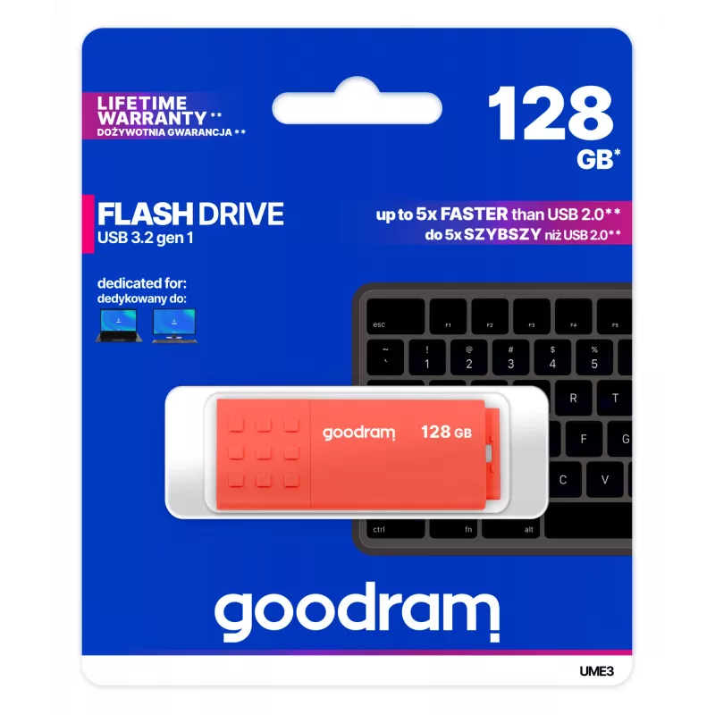 USB-muistitikku GOODRAM UME3 128 GB USB Type-A 3.2 Gen 1, oranssi, ilman suojusta, 60/20 MB/s