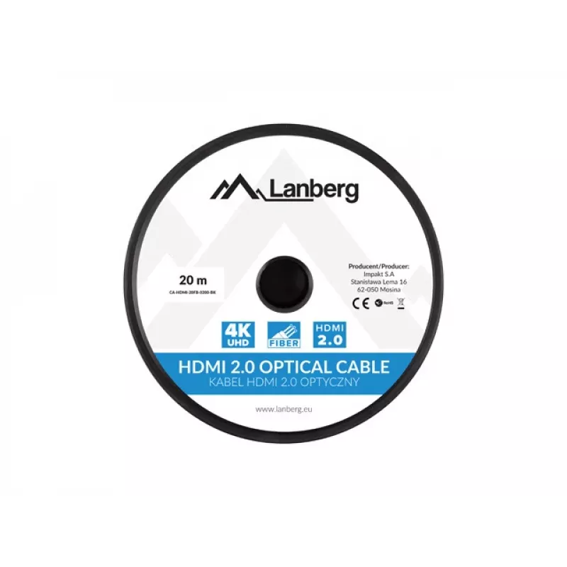 Lanberg CA-HDMI-20FB-0200-BK HDMI 2.0 aktiivinen optinen (AOC) kaapeli, 20 m, A-tyypin uros-uros, 4K 60 Hz (3840x2160), 18 Gbit/s, Ethernet, musta