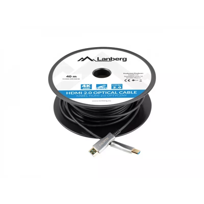 Lanberg CA-HDMI-20FB-0400-BK HDMI 2.0 aktiivinen optinen (AOC) kaapeli, 40 m, A-tyypin uros-uros, 4K 60 Hz (3840x2160), 18 Gbit/s, Ethernet, musta