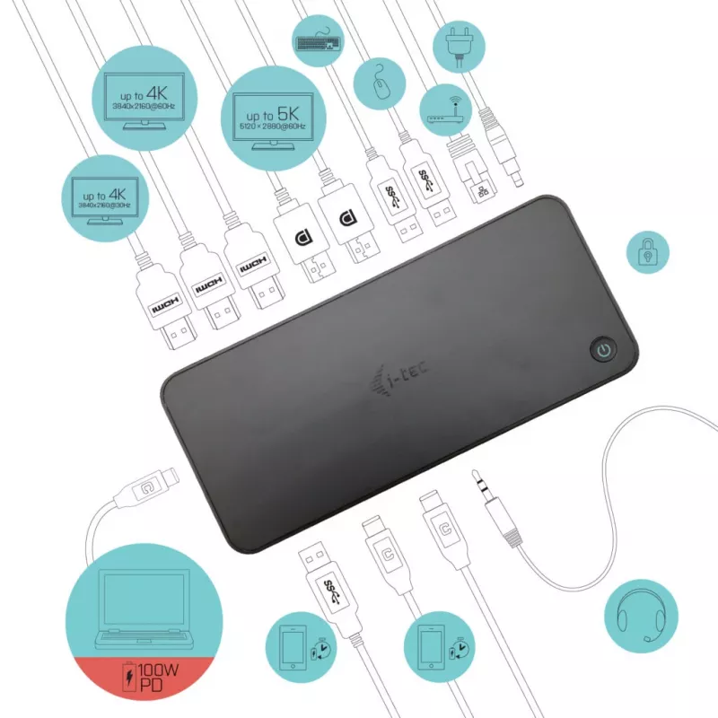 i-tec USB 3.0 / USB-C / Thunderbolt, 3x 4K telakointiasema + Power Delivery 100W
