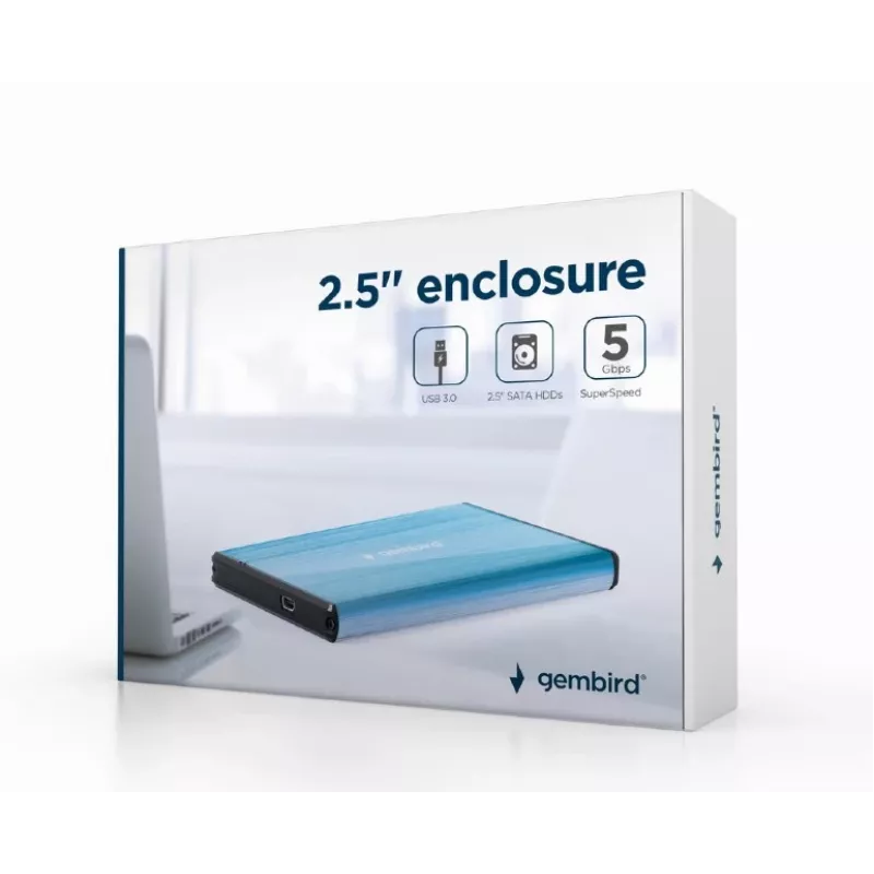 HDD-kotelo Gembird EE2-U3S-3-B — 2,5 tuuman Single-Bay, SATA, Mini‑USB A, jopa 7 TB, sininen