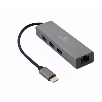 Telakointisovitin Gembird A-CMU3-LAN-01 — USB-C 3.2 Gen 1, 1× Gigabit-LAN, 3× USB-A, metallikotelo, harmaa