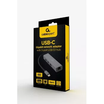 Telakointisovitin Gembird A-CMU3-LAN-01 — USB-C 3.2 Gen 1, 1× Gigabit-LAN, 3× USB-A, metallikotelo, harmaa
