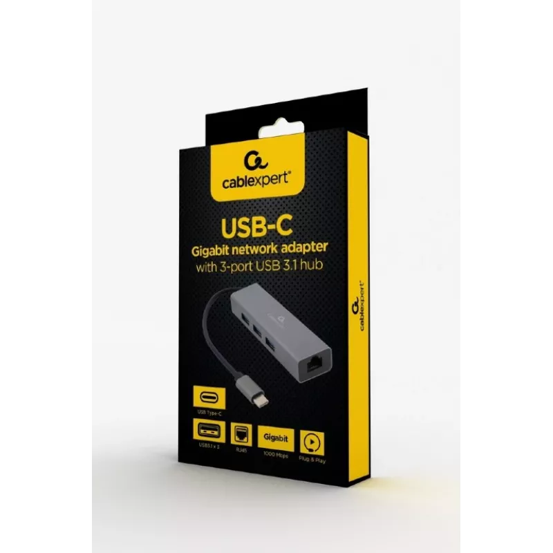 Telakointisovitin Gembird A-CMU3-LAN-01 — USB-C 3.2 Gen 1, 1× Gigabit-LAN, 3× USB-A, metallikotelo, harmaa