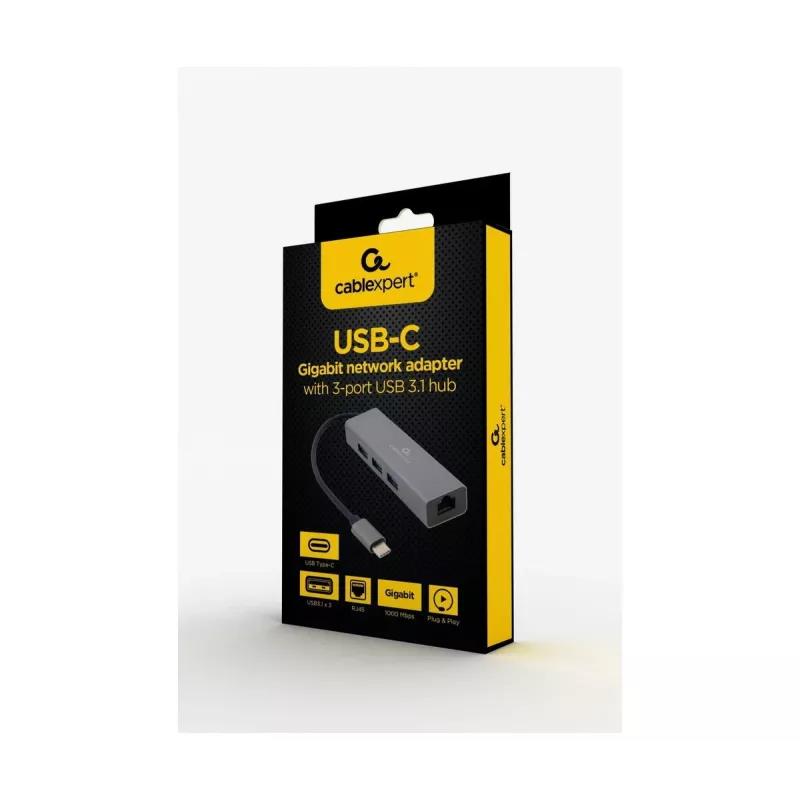 Telakointisovitin Gembird A-CMU3-LAN-01 — USB-C 3.2 Gen 1, 1× Gigabit-LAN, 3× USB-A, metallikotelo, harmaa