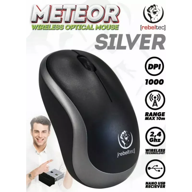 Langaton optinen hiiri Rebeltec METEOR hopea RBLMYS00050 USB