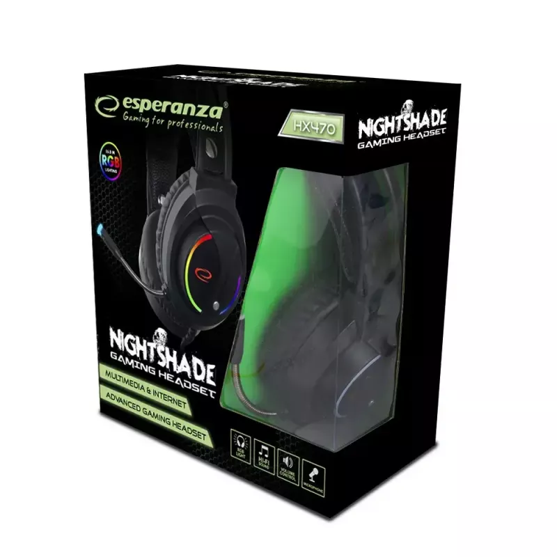 Esperanza EGH470 Nightshade langalliset pelikuulokkeet mikrofonilla, RGB-taustavalo, äänenvoimakkuuden säätö, 32 Ω, mustat