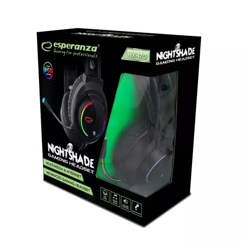 Esperanza EGH470 Nightshade langalliset pelikuulokkeet mikrofonilla, RGB-taustavalo, äänenvoimakkuuden säätö, 32 Ω, mustat