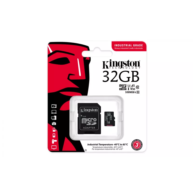 Kingston Technology 32GB microSDHC Industrial C10 A1 pSLC -kortti + SD-sovitin