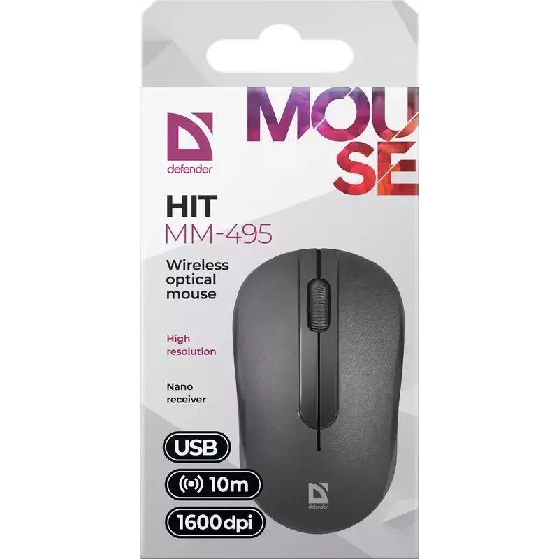 Langaton optinen hiiri DEFENDER HIT MM-495 RF, molempikätinen, 1600 DPI, USB RF -vastaanotin, musta