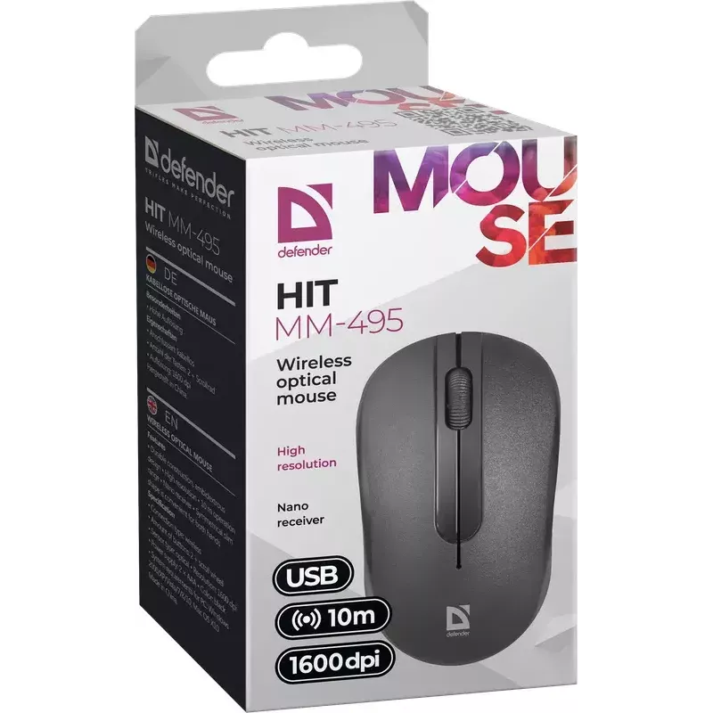 Langaton optinen hiiri DEFENDER HIT MM-495 RF, molempikätinen, 1600 DPI, USB RF -vastaanotin, musta