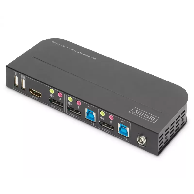 DIGITUS KVM-kytkin, 2x1 DP, DP/HDMI Out, USB 4Kx2K@60Hz