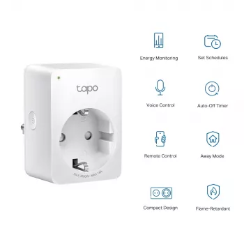 TP-Link Tapo Mini Smart Wi-Fi pistorasia, energianseuranta, sisäkäyttöön, valkoinen, koti, toimisto, tila, Android, iOS, langaton