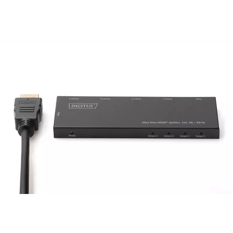 DIGITUS Ultra Slim HDMI-jakaja, 1x4, 4K/60Hz HDR, HDCP 2.2, 18 Gbps, Micro USB -virralla
