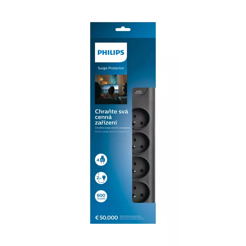 Philips SPN7040BA/60 ylijännitesuojattu jatkojohto, 4 pistorasiaa, 2 m, musta