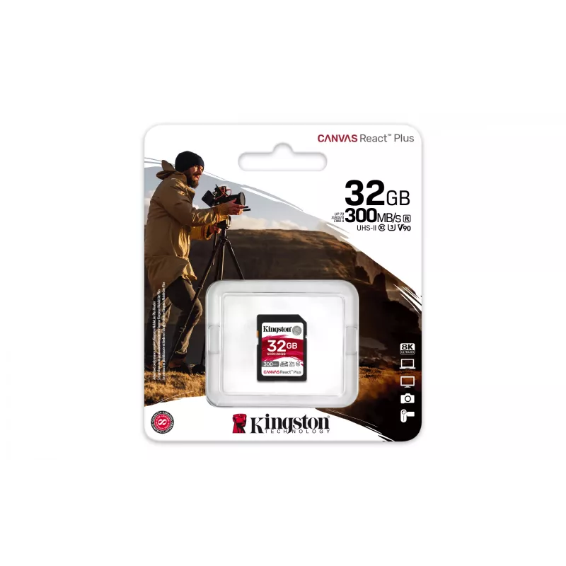 Kingston Technology 32 GB Canvas React Plus SDHC UHS-II 300R/260W U3 V90 Full HD/4K/8K