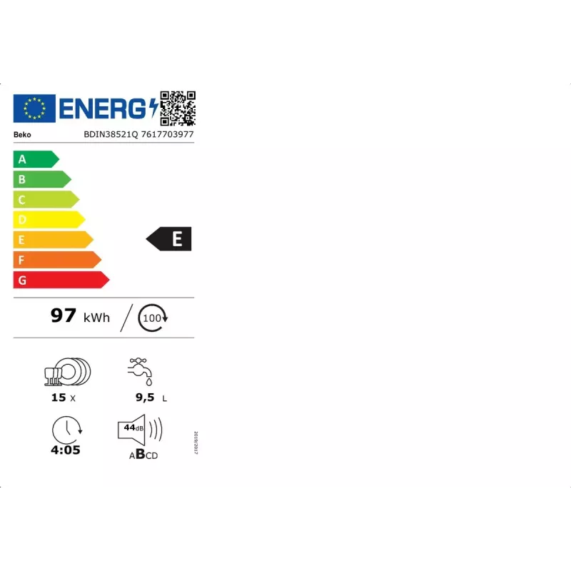 Beko BDIN38521Q täysintegroitu astianpesukone, 15 astiastosarjaa, 44 dB