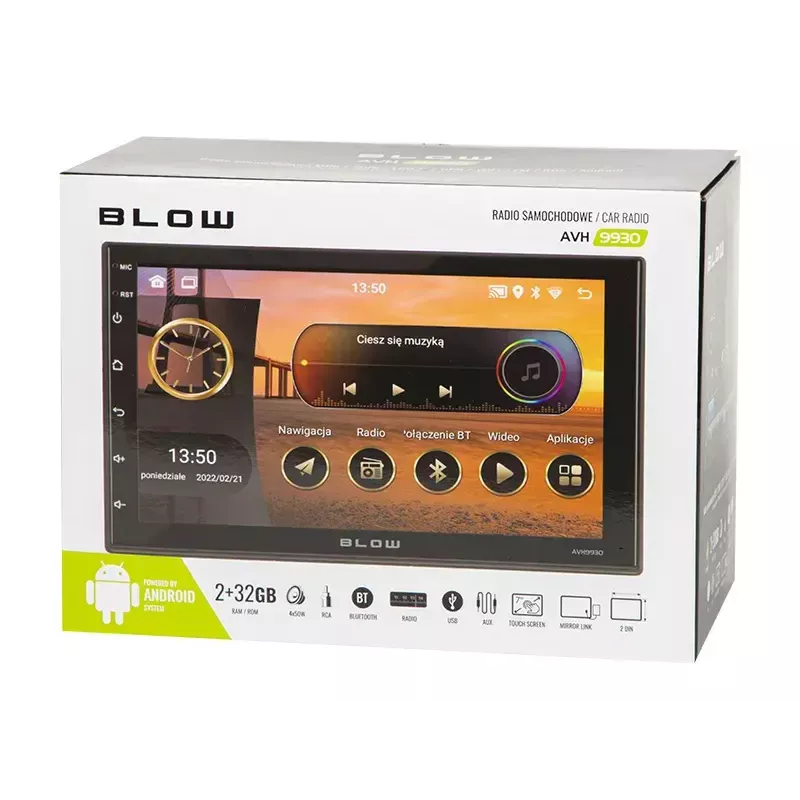 BLOW AVH-9930 2DIN autoradio, 7" kosketusnäyttö, GPS, Android 11, Bluetooth, musta