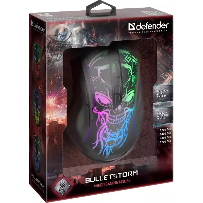 Pelihiiri DEFENDER BULLETSTORM GM-928 — optinen, 7200 DPI, molempikätinen, 6–7 painiketta, USB Type-A, musta