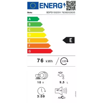 Ohut astianpesukone Beko BDFS15020X, 10 astiastoa, 45 cm, 47 dB, 5 ohjelmaa, invertterimoottori