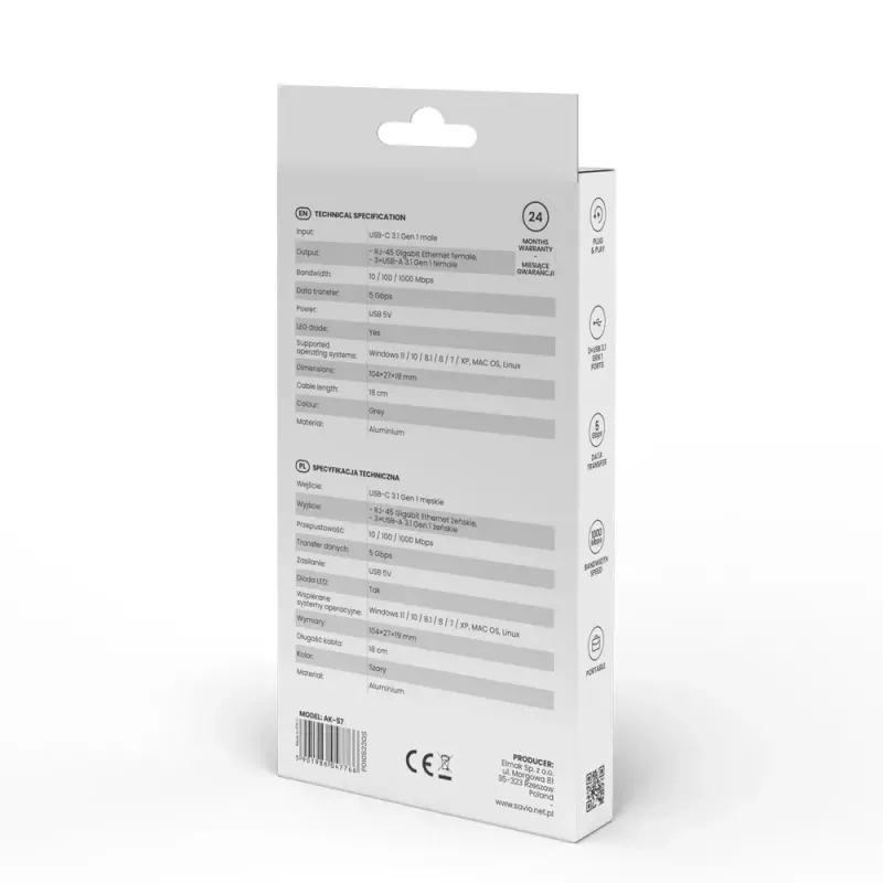 USB-C-keskitin SAVIO AK-57, jossa 3× USB-A, RJ-45 Gigabit Ethernet (5000 Mbit/s), alumiini harmaa