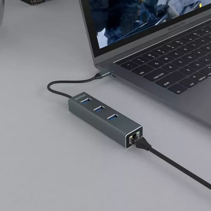USB-C-keskitin SAVIO AK-57, jossa 3× USB-A, RJ-45 Gigabit Ethernet (5000 Mbit/s), alumiini harmaa