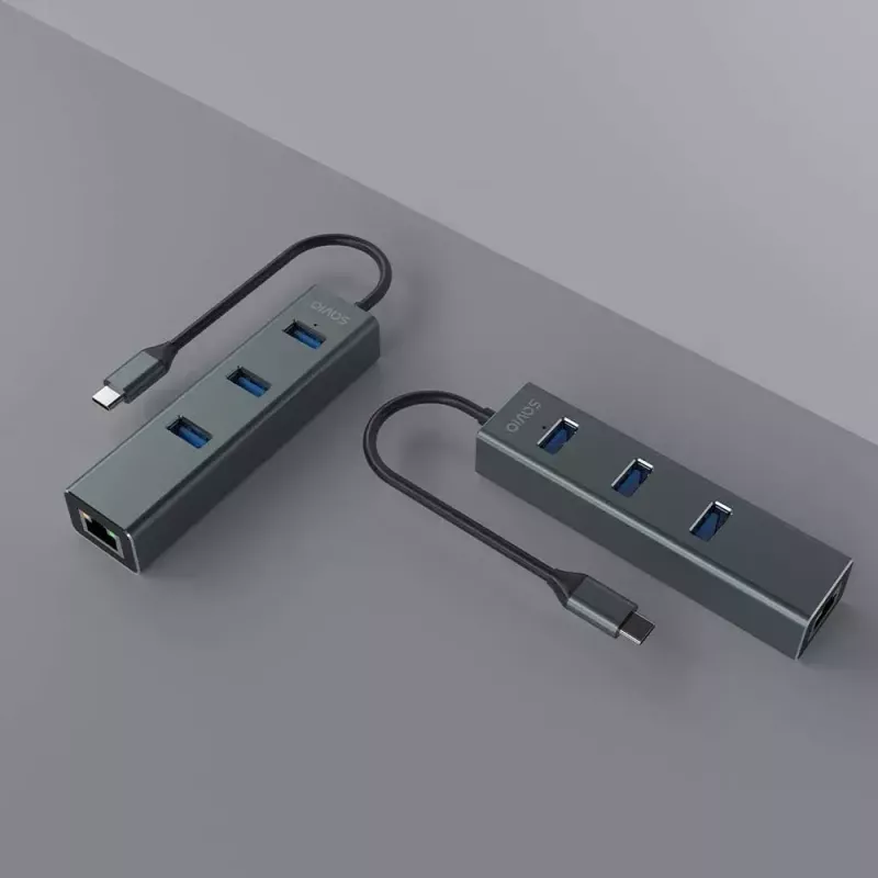 USB-C-keskitin SAVIO AK-57, jossa 3× USB-A, RJ-45 Gigabit Ethernet (5000 Mbit/s), alumiini harmaa
