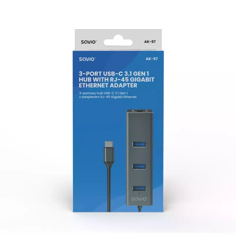 USB-C-keskitin SAVIO AK-57, jossa 3× USB-A, RJ-45 Gigabit Ethernet (5000 Mbit/s), alumiini harmaa