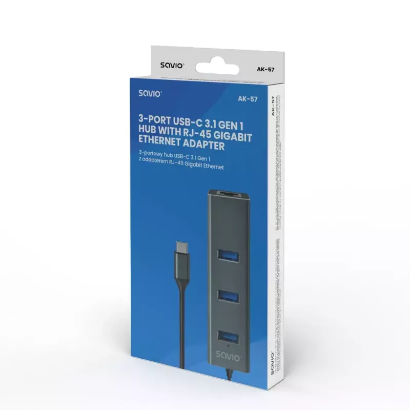 USB-C-keskitin SAVIO AK-57, jossa 3× USB-A, RJ-45 Gigabit Ethernet (5000 Mbit/s), alumiini harmaa