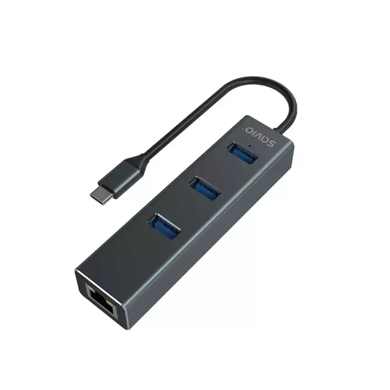 USB-C-keskitin SAVIO AK-57, jossa 3× USB-A, RJ-45 Gigabit Ethernet (5000 Mbit/s), alumiini harmaa