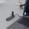 USB-C-keskitin SAVIO AK-57, jossa 3× USB-A, RJ-45 Gigabit Ethernet (5000 Mbit/s), alumiini harmaa
