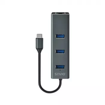 USB-C-keskitin SAVIO AK-57, jossa 3× USB-A, RJ-45 Gigabit Ethernet (5000 Mbit/s), alumiini harmaa
