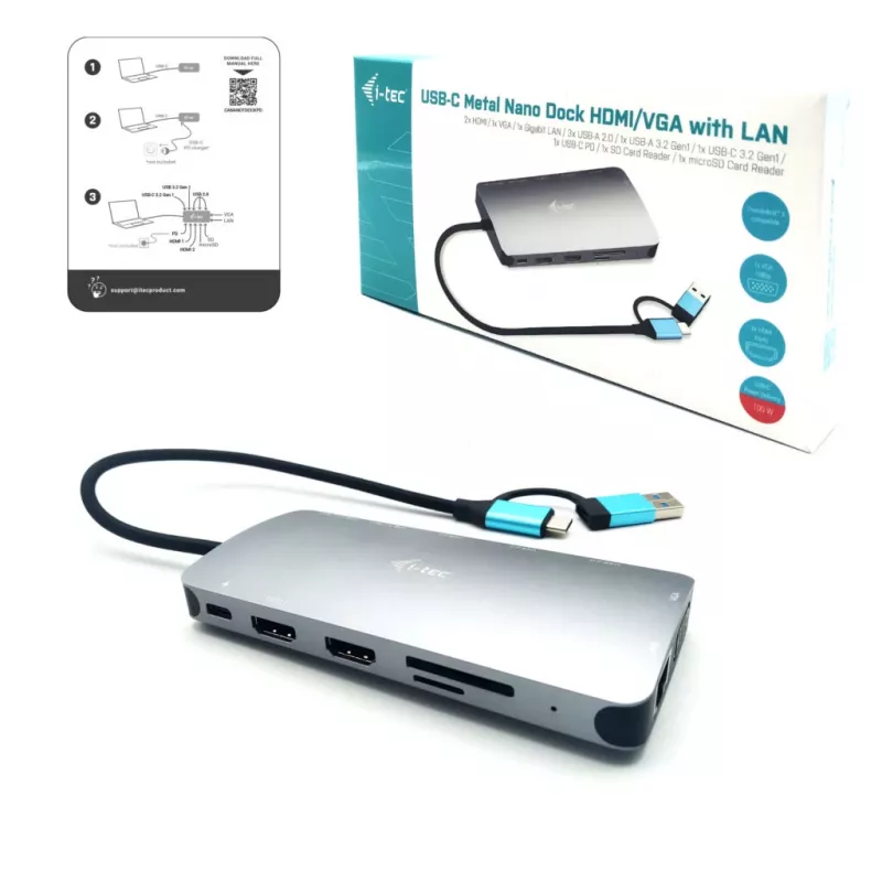 i-tec USB 3.0 USB-C/Thunderbolt 3x Display Metal Nano -telakka LAN-liitännällä + Power Delivery 100 W