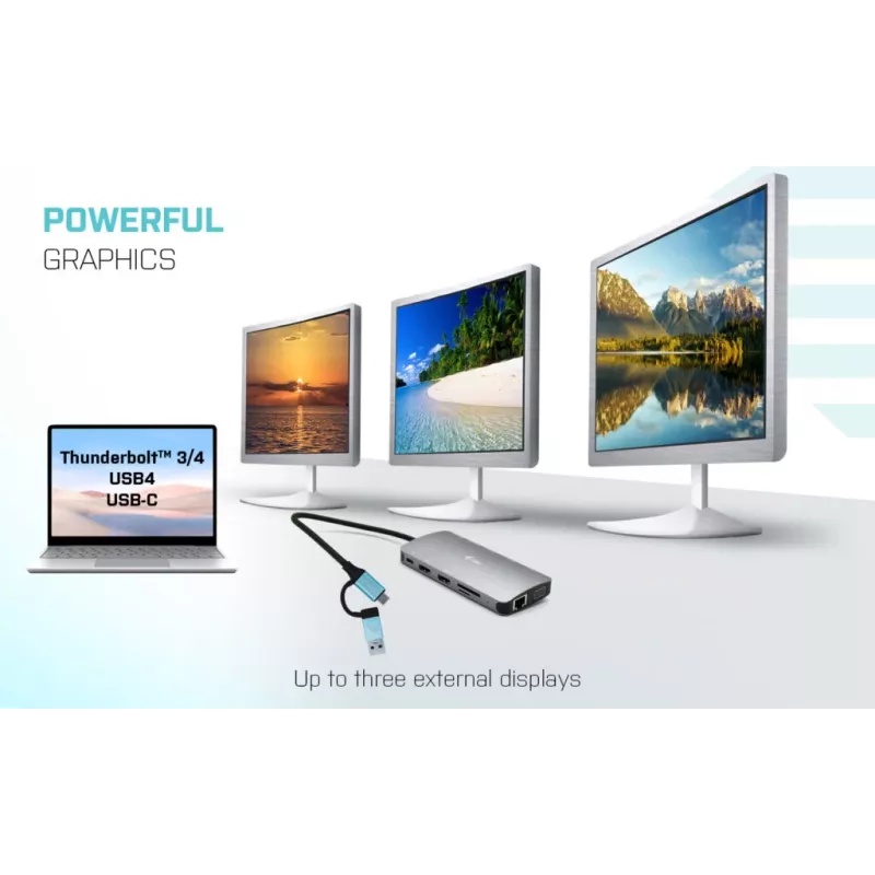 i-tec USB 3.0 USB-C/Thunderbolt 3x Display Metal Nano -telakka LAN-liitännällä + Power Delivery 100 W