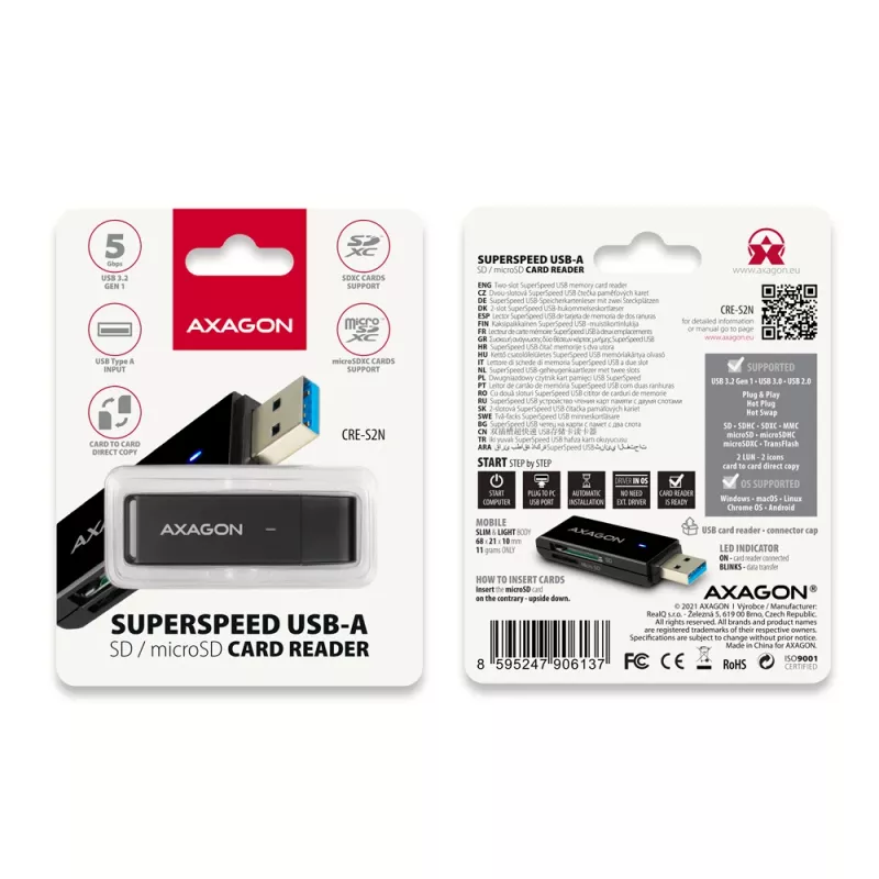 Kortinlukija Axagon CRE-S2N USB 3.2 Gen 1 Type-A musta
