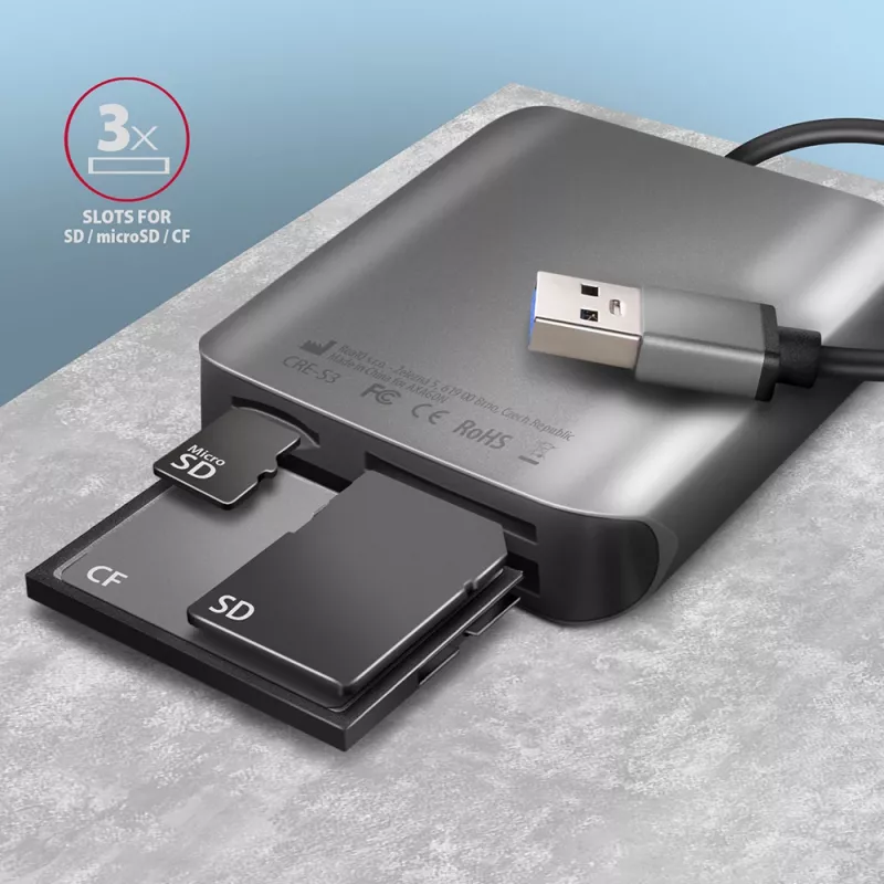 Axagon CRE-S3 ulkoinen USB-A 3.2 Gen 1 3 paikan & LUN SD/microSD/CF-kortinlukija USB 3.2 Gen 1 (3.1 Gen 1) Type-A harmaa