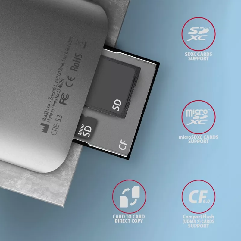 Axagon CRE-S3 ulkoinen USB-A 3.2 Gen 1 3 paikan & LUN SD/microSD/CF-kortinlukija USB 3.2 Gen 1 (3.1 Gen 1) Type-A harmaa
