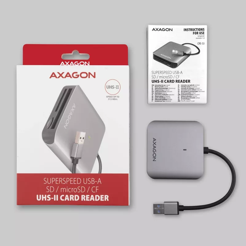 Axagon CRE-S3 ulkoinen USB-A 3.2 Gen 1 3 paikan & LUN SD/microSD/CF-kortinlukija USB 3.2 Gen 1 (3.1 Gen 1) Type-A harmaa