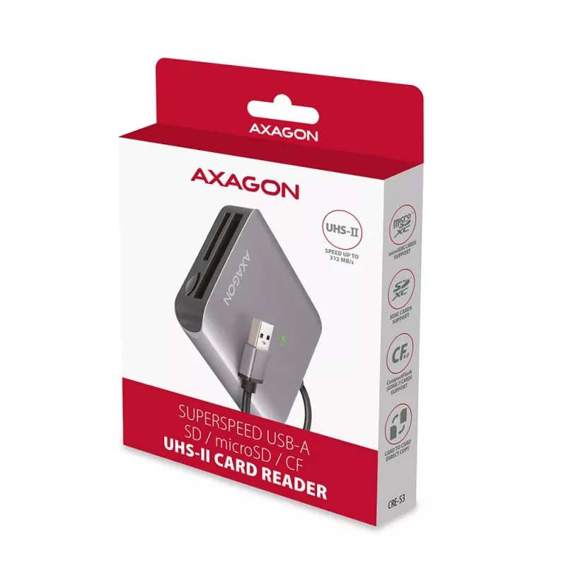 Axagon CRE-S3 ulkoinen USB-A 3.2 Gen 1 3 paikan & LUN SD/microSD/CF-kortinlukija USB 3.2 Gen 1 (3.1 Gen 1) Type-A harmaa