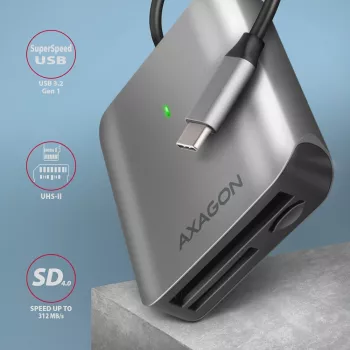 Axagon CRE-S3C alumiininen suurnopeus USB-C 3.2 Gen 1 -muistikortinlukija, 3 korttipaikkaa, UHS-II