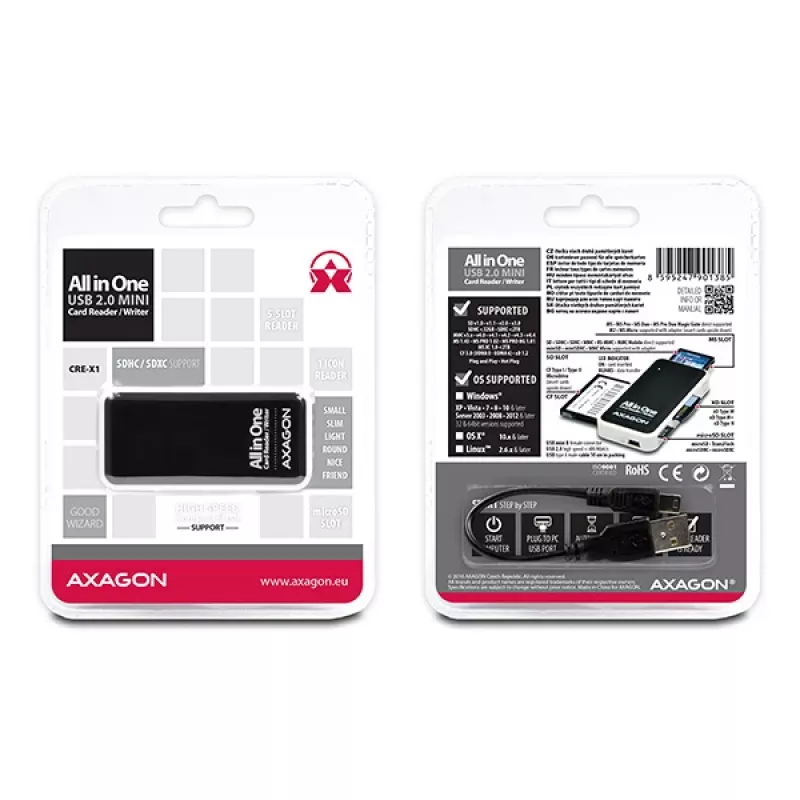 Axagon CRE-X1 ulkoinen 5 paikan kortinlukija, CF, CF Type II, MMC, MMC Mobile, MMCmicro, MS Duo, MS PRO, Memory Stick (MS), MicroDrive, MicroSD...,