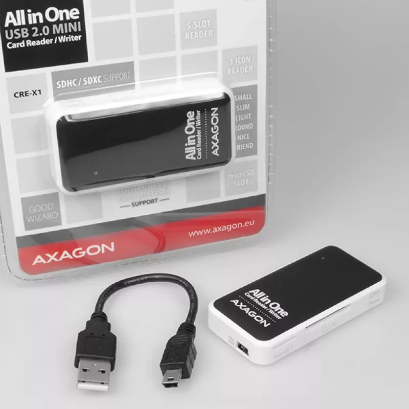 Axagon CRE-X1 ulkoinen 5 paikan kortinlukija, CF, CF Type II, MMC, MMC Mobile, MMCmicro, MS Duo, MS PRO, Memory Stick (MS), MicroDrive, MicroSD...,