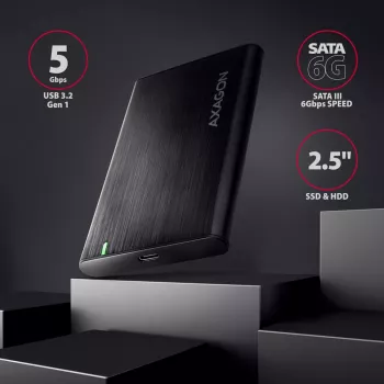 2,5 tuuman HDD/SSD-kotelo AXAGON EE25-A6C — SATA, USB 3.2 Gen 1 (Type-C & Type-A), alumiini, musta