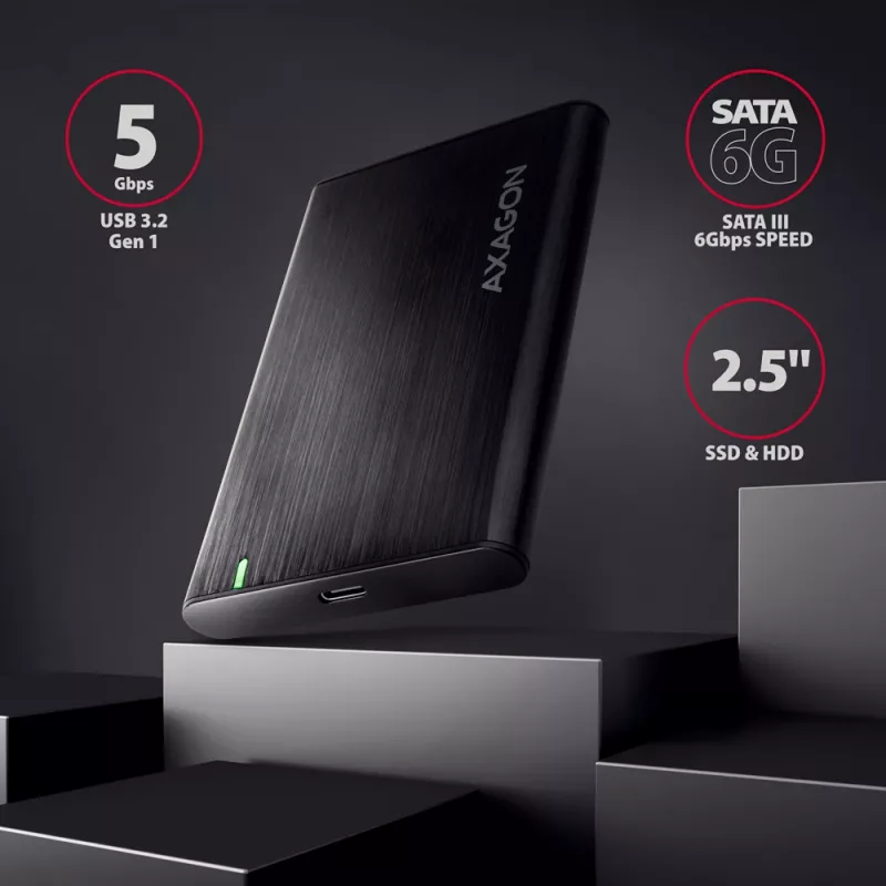 2,5 tuuman HDD/SSD-kotelo AXAGON EE25-A6C — SATA, USB 3.2 Gen 1 (Type-C & Type-A), alumiini, musta
