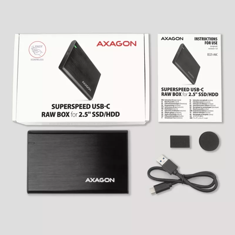 2,5 tuuman HDD/SSD-kotelo AXAGON EE25-A6C — SATA, USB 3.2 Gen 1 (Type-C & Type-A), alumiini, musta